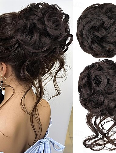  2 kpl sotkuinen nuttura, laineikas ja kihara hiuslisäke, tekonahka, tekonahkasukat, poninhäntäpidennys naisille, tummanruskea