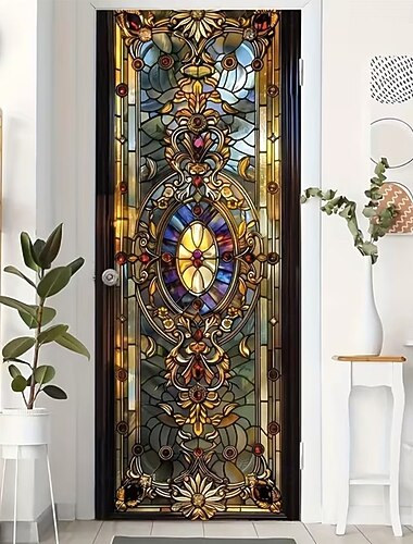  Tenda per porta in stile vintage con vetrate colorate, motivo barocco ornato, divisorio per la privacy, arazzo decorativo per porta, per ufficio domestico