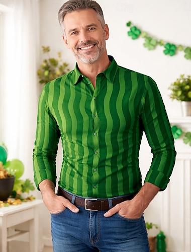  St. Patrick 2026 Retro Vintage 1970er Hemd Aloha-Hemd langarm Hippie Kostüm Herren Maskerade 4. Juli Party Festival Erwachsene Hemd