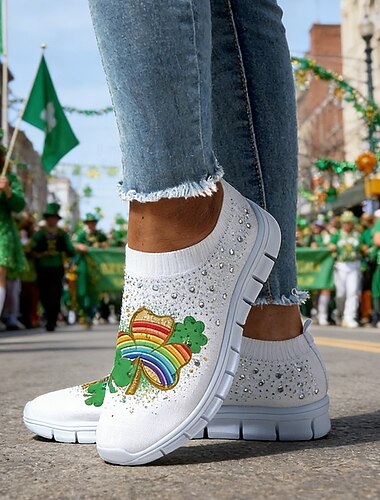  Casual sneakers voor dames met strass-steentjes – klaver- en regenboogthema, lichtgewicht en leuk schoeisel voor festivals, feesten en parades.
