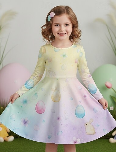  Pasqua ragazze' 3D Grafico Coniglio Abito Manica Lunga Stampa 3D Primavera Autunno Quotidiano Vacanza Feste Casual Principessa Bello Bambini 4-12 Anni Vestito Casual Abito a trapezio Lunghezza al