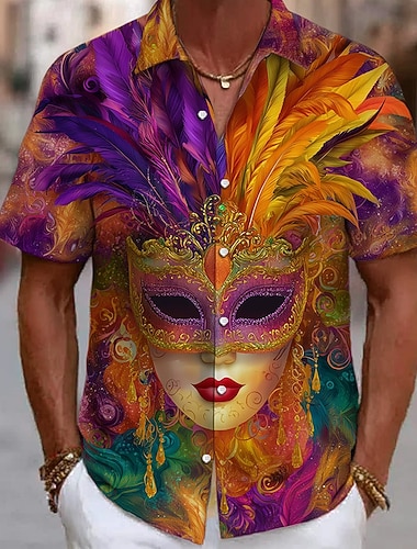  Martedì grasso Per uomo Colore abbagliante Carnevale Maschera con piume Camicia Camicia con Bottoni Manica Corta Vintage Retrò Feste Ferie Estate Primavera Collo ripiegato Stampa 3D camicie con