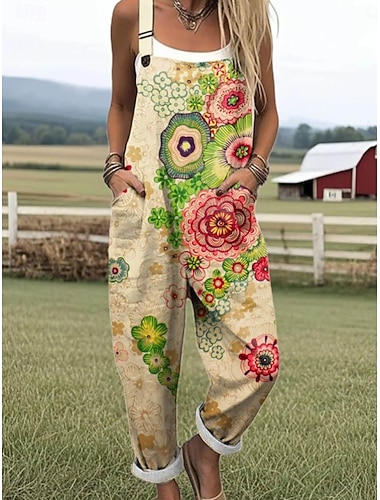  Damen Overall Aktiv Blumen Ärmellos Ärmellos Gerade Quadrathals Tasche Druck Täglich Urlaub Lässiger Schnitt Blau Weiß Gelb Sommer