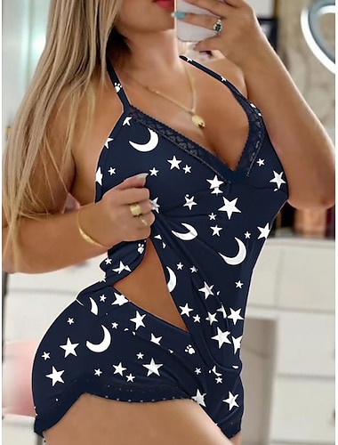  Dam Pyjamas set Ledigt Komfort Grafisk Spets Elastisk midja Shorts Dagligen Hem Ärmlös remmar Blå Rodnande Rosa Vin Marinblå Brun Sommar Vår Smal passform