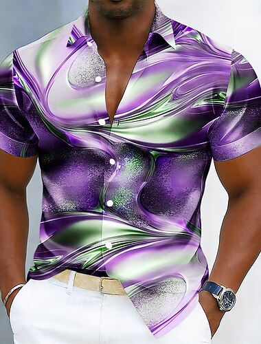  Homens Mármore Cor gradiente Arte Líquida Abstrata Camisa Social Blusa de cetim Saia Manga Curta Moda Casual Diário Férias Verão Primavera Aberto para a Lateral Camisas de colarinho Impressão 3D
