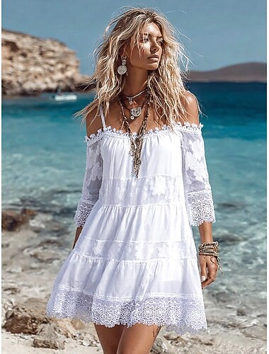  Dames Mini-jurk Zonnejurk Zomerjurk Slipdress Casual Dagelijks Strand Normale pasvorm Effen 3/4 mouw Ronde hals Wit Zomer