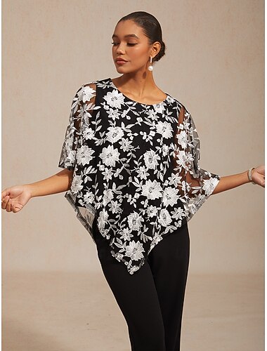  Dames Blouse Kanten topjes Kant Geborduurd Bloemig Elegant Halve mouw Vleermuismouw Strakke ronde hals Dagelijks Bruiloft gast Zwart Zomer Lente Herfst
