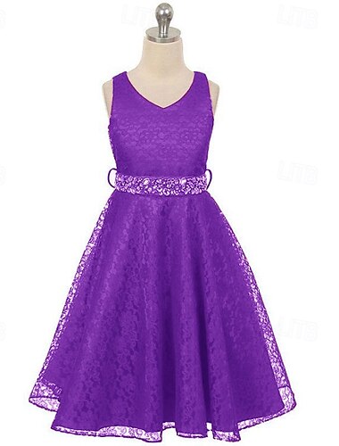  Bloemenmeisjesjurk Voor meisjes Formele kleding Trouwkleding Schoolfeest Feest Bruiloft Elegant Modieus Aanbiddelijk Eerste communiejurk Kant Lapwerk Effen Kleur Mouwloos V-hals blauw Zwart 4 jaar +