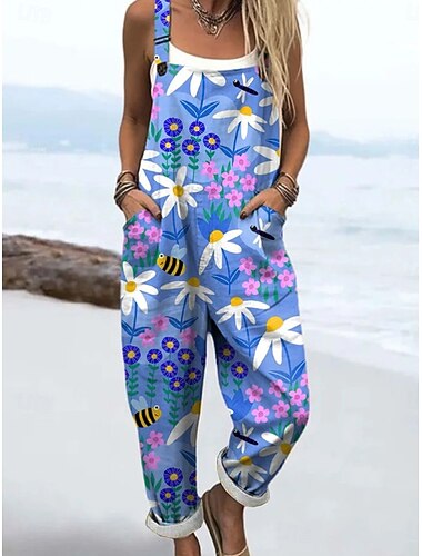  Dames Al met al Actief Bloemig Mouwloos Mouwloos Vierkante hals Zak Afdrukken Dagelijks Vakantie Ruim Passend blauw Blozend Roze Marine Blauw Zomer