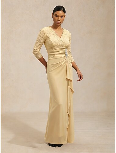  Per donna Abito maxi Tubino Abiti a vita impero Elegante Festa serale Laurea Allacciato Paillettes Vestibilità regolare Floreale Manica 3/4 Scollo a V Banana pallida