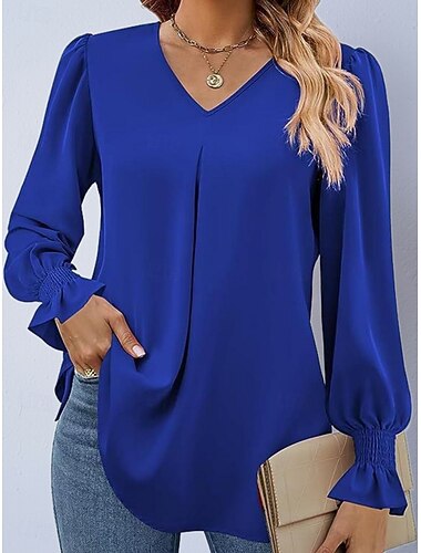  Mujer Camisa Camisa de raso Blusa Plano Elegante Básico Clásico Manga Larga Campana Escote en Pico Tops regulares Diario Festivos Noche Azul Piscina Negro Rosa Naranja Caqui Verano Primavera