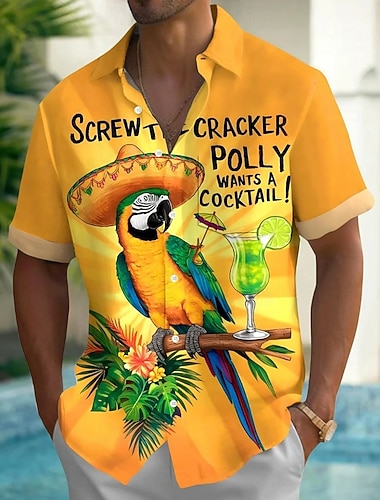  Herren Papagei Lustiger Slang Tropische Pflanzen Sommer Hawaiihemd Knopfhemd Alohahemd Kurzarm Hawaiianisch Lässig Urlaub Sommer Frühling Umlegekragen 3D-Druck Hemden mit Kragen Eine Tasche vorne