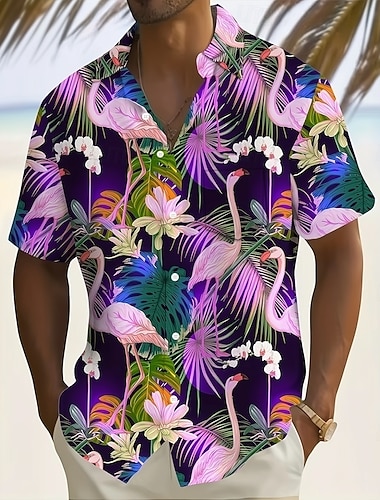  Herre Flamingo Tropiske blomster Palmeblad Hawaii skjorte Skjorte med knapper Aloha skjorte Kortermet Hawaiisk Feriereise Sommer Vår Aftæpning 3D-utskrift krage skjorter Front One Lomme Blå Rosa