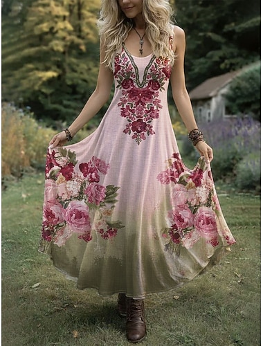  Karneval Damen Maxikleid Freizeitkleid Schwingkleid Sommerkleid Boho-Kleid Vintage Strand Normale Passform Blumen Grafik Ärmellos Rundhalsausschnitt Rosa Purpur Grün Sommer Frühling