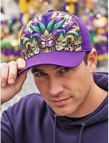  Heren baseballpet van polyester met Mardi Gras-maskerprint, verstelbare pasvorm, verkrijgbaar in meerdere kleuren, ideaal voor carnaval, festivals en casual outfits.