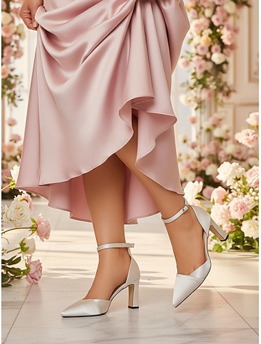  Damesko med mandelmønster i sateng med ankelremmer, spiss tå og blokkhæl – elegante sko til bryllupsfesten, ideelle for formelle arrangementer &kveldsklær