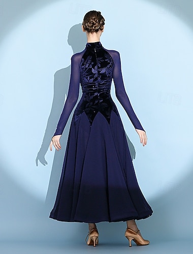  Dame fløyelsballroom-danskjole høy hals langermet netting skjøt valskjole preget bladmønster standard konkurranseantrekk mørkeblå
