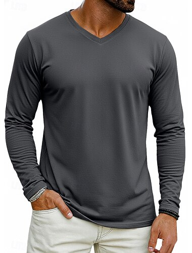  Herren T Shirt T-Shirt Langarm V Ausschnitt Frühling Winter Frühling & Herbst Einfarbig Einfach Strickware Täglich Sportbekleidung Rein Lässig Täglich Outdoor Dunkelgrau Top T-Shirt für Herren