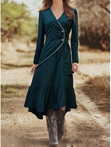  Damen Langes Kleid Maxikleid Freizeitkleid Maxidress Elegant Mode Modern Täglich Urlaub Ausgehen Normale Passform Einfach Langarm V Ausschnitt Grün Frühling Herbst