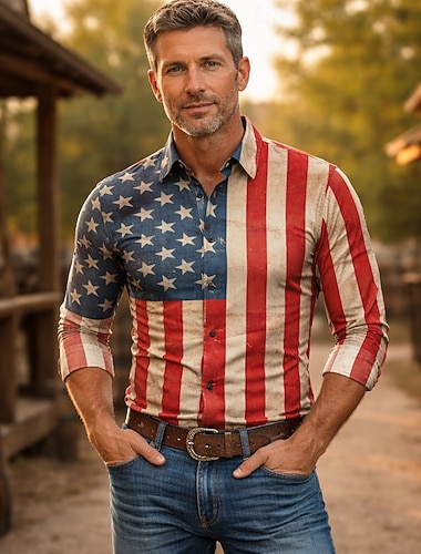  250-årsjubileum i USA Retro / vintage 1970erne قميص Aloha skjorte Lange Ermer Hippie Geometrisk Etnisk Kostyme Herre Maskerade 4. juli Fest Uavhengighetsdagen Voksne Trøye