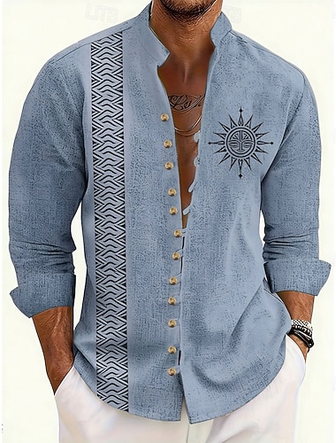  Per uomo Sole Etnico Cultura indiana Camicia Camicia con colletto alla coreana Manica Lunga Vintage Retrò Casuale Vacanza Primavera Autunno Collo alla coreana Colletto alla coreana Bottonato Camicia