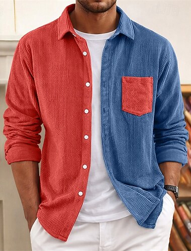  Homme Chemise Texture Chemise Décontractée Chemise en velours côtelé Chemise Boutonnée Jaune Rouge Bleu Marron Vert manche longue Uni Col de chemise Occasionnel Quotidien Bloc de Couleur Vêtement