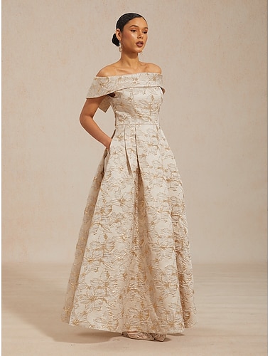  Damen Maxikleid Schulterfreies Kleid Trägerloses Kleid Elegant Abendgesellschaft Abschlussfeier Normale Passform Blumen Ärmellos Kalter Schulter-Ausschnitt Champagner Sommer Frühling Herbst