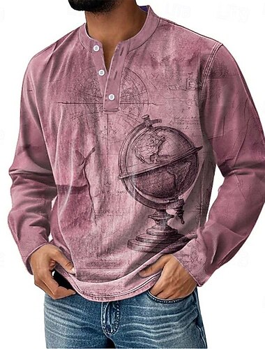  Homens Gráfico Vintage Camisa Henley Manga Longa Moda Estilo bonito Diário Casual Feriado Primavera & Outono Todas as Estações Rosa claro Azul Escuro Verde cáqui Henley Camiseta Henley