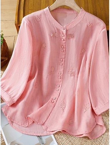  Dame Skjorter i bomullslin Imitert bomullslin Broderi Knapper Helfarge Daglig Grunnleggende Fritid Langermet Crew-hals Vanlige topper Daglig Svart Hvit Rosa Lilla Oransje Sommer Vår Høst