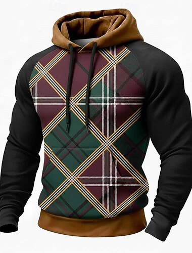  Homens Geométrica Xadrez Moletom Moda Diário Gola Redonda Casa Streetwear Festa Azul Vermelho Marron Verde Com Cordão Outono Inverno Designer S M L XL XXL XXL