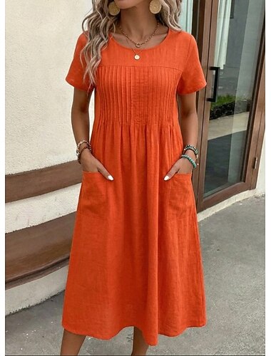  Dame Midikjole Imitert bomullslin Skiftkjole T skjortekjole Mote Moderne Daglig utendørs Ferie Løstsittende عادي Kortermet Crew-hals Militærgrønn Rød Navyblå Sommer Vår