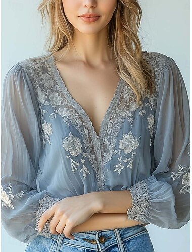  Damen Hemd Bluse Netz Blumen Vintage Stilvoll Klassisch Langarm V Ausschnitt Normale Oberteile Täglich Ferien Ausgehen Blau Frühling Herbst