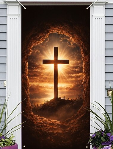  Ostertürdekoration mit majestätischem Kreuz bei Sonnenaufgang in einer Grabhöhle, christliche religiöse Dekoration für den Ostergottesdienst, perfekt für die Karwoche und als frühlingshafte