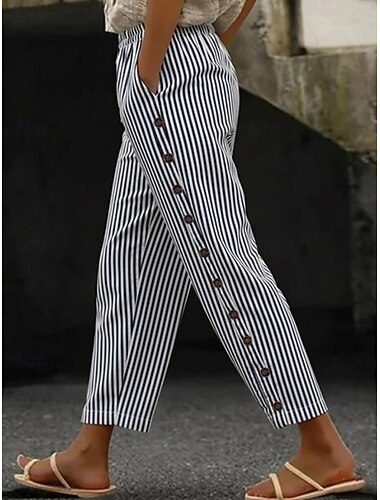  Γυναικεία Λευκά παντελόνια Παντελόνια Casual παντελόνι Καλοκαίρι παντελόνι Διακοπές Μοντέρνα Βασικό Πλήρες μήκος Μεσαία Μέση Σκέτο Ριγέ Πλαϊνές τσέπες Άνεση Ανελαστικό Αργίες Καθημερινά