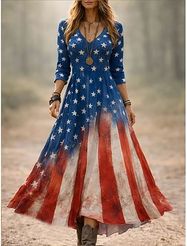  Unabhängigkeitstag Patriotisches Damen Midi-Kleid Lässiges Kleid Party Lässig Boho Date Reguläre Passform Grafische Flagge Langarm V-Ausschnitt Blau Sommer Frühling