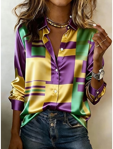  Mardi gras Dames Overhemd Grafisch Geometrisch Abstract Vintage Stijlvol Modern Lange mouw Overhemdkraag Lange tops Dagelijks Feestdagen Wit Geel Licht Paars Paars Groen Zomer Lente