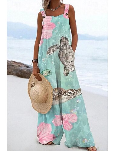  Dame Snekkerbukser Aktiv Grafisk Ermeløs Ermeløs Bred Bukseben Lomme Knapper Daglig Strand Løstsittende Blå Rosa Grønn Sommer