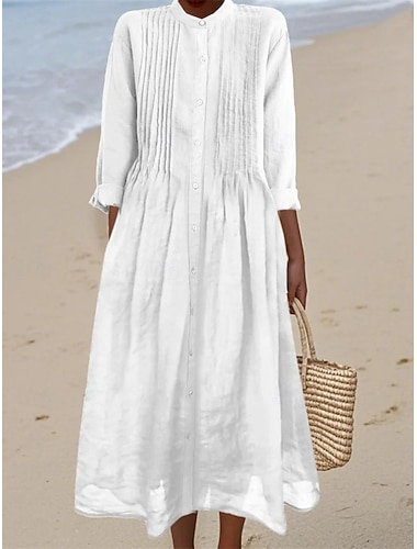  Damen Midikleid Kunstbaumwollleinen Hemdblusenkleid Freizeitkleid Mode Basic Modern Täglich Outdoor Urlaub Normale Passform Einfach Langarm Rundhalsausschnitt Blau Schwarz Weiß Gelb Frühling Herbst
