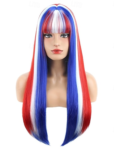  Perruque rouge bleue et blanche avec frange perruques de 4 juillet pour femmes et filles perruque longue droite synthétique résistante à la chaleur cosplay