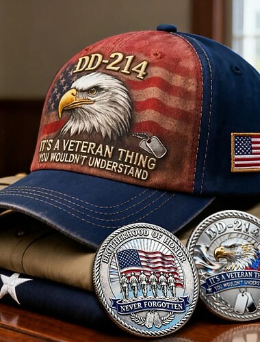  Baseballkappe für Veteranen mit DD-214-Stickerei und 2 Gedenkmünzen – patriotisches Adler-Design, Stickerei „It's a veteran thing“, Münzset der Ehrenbrüderschaft, perfektes Geschenk für