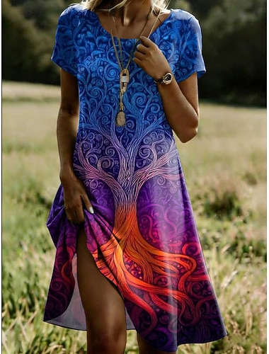  Damen Midikleid T-Shirt-Kleid Sommerkleid A Linie Kleid Urlaub Lässig Täglich Ferien Ausgehen Normale Passform Blumen Grafik Kurzarm Rundhalsausschnitt Blau Fuchsie Grün Sommer Frühling