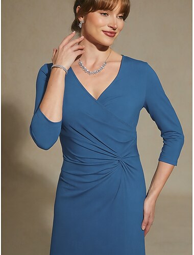  Damen Maxikleid Wickelkleid A Linie Kleid Elegant Täglich Hochzeitsgast Date Gerafft Normale Passform Einfarbig Dreiviertelarm V Ausschnitt Blau