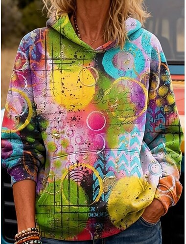  Dames Trui met capuchon Sweatshirt Lapwerk Afdrukken Voorvak Bloemig Grafisch Casual Boho Lange mouw Capuchon Normale tops Straat Dagelijks gebruik Blozend Roze Groen Regenboog Lente Herfst