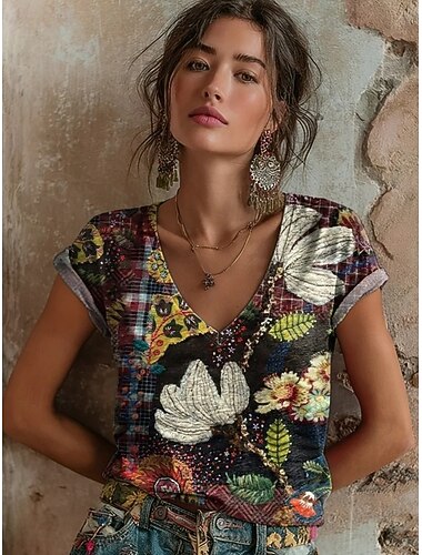  Dames T-shirt Afdrukken Bloemig Grafisch Vintage Stijlvol Klassiek Korte mouw V-hals Normale tops Dagelijks As Zwart Lichtgroen Rood Groen Zomer Lente