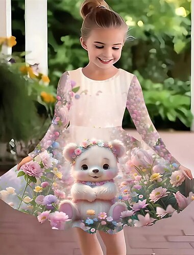  ragazze' 3D Floreale Animale Abito Manica Lunga Estate Primavera Vacanza Quotidiano Ferie Principessa Bello Dolce Bambini 4-12 Anni Vestito Casual Abito a trapezio Lunghezza al ginocchio Vestibilit