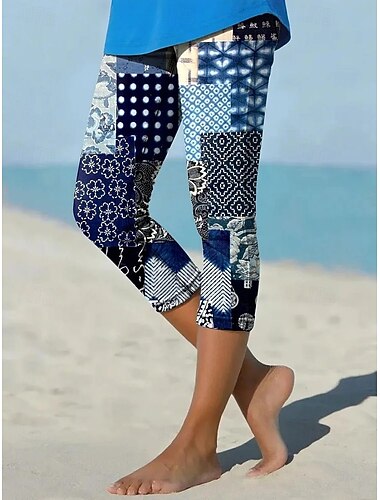  Dame Capri bukser Leggins Ferie Hawaiiansk Stilfuld Capris Medium Talje Komfort Elastisk Blå Lys pink Rød Sommer Forår Slank Pasform