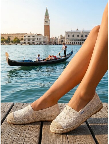  Women's White Lace Espadrille Flats – Elegant Tropical Island Style, Breathable Slip-On Shoes for Mediterranean Cruises and Beach Resort Vacations