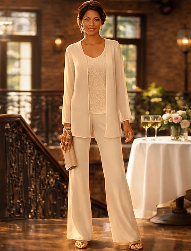  Combinaison Tailleur-Pantalon Trois Pièces Longueur au sol Robe de Mère de Mariée  manche longue Col en V Élégant Formel robe demoiselle d honneur Chiffon Dentelle Robes avec Veste avec Appliques