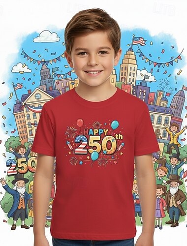  100% katoen Kinderen Jongens blauw Zwart Wit Grafisch 250-jarig jubileum T-shirt Blouse Strakke ronde hals Korte mouw Buiten Dagelijks gebruik Modieus Streetwear Ontwerper Opdrukken Zomer Lente