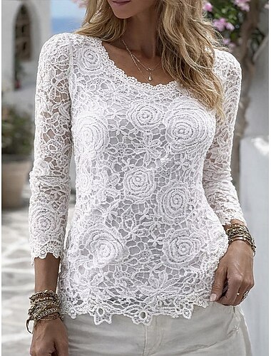  Dame Bluse Blonde Helfarge Elegant Stilfull Grunnleggende Langermet Crew-hals Vanlige topper Daglig Hvit Sommer Vår Høst